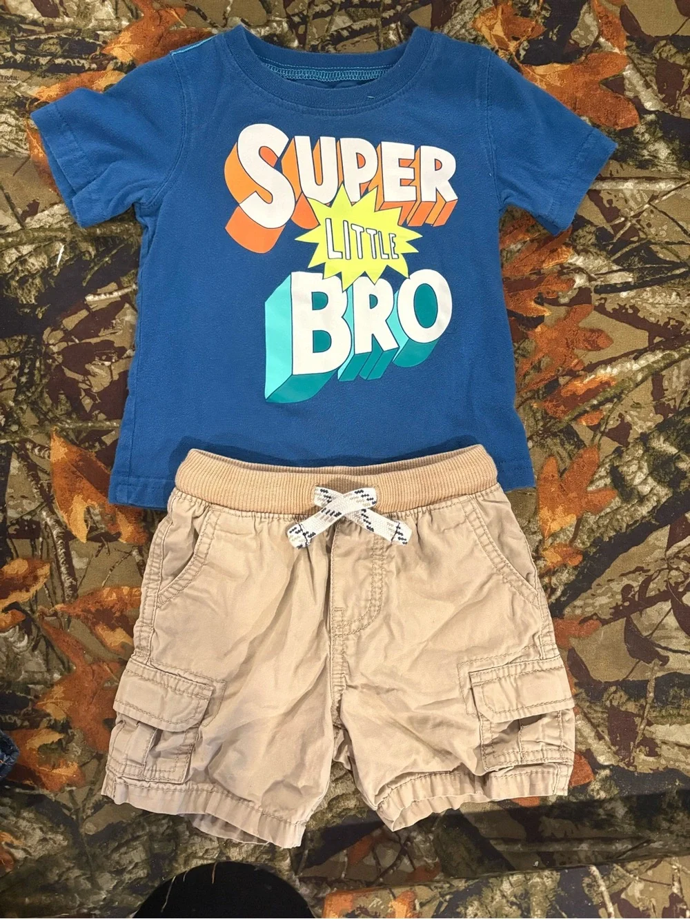 Carter's Blue 'Super Little Bro' Graphic Tee with Tan Cargo Shorts